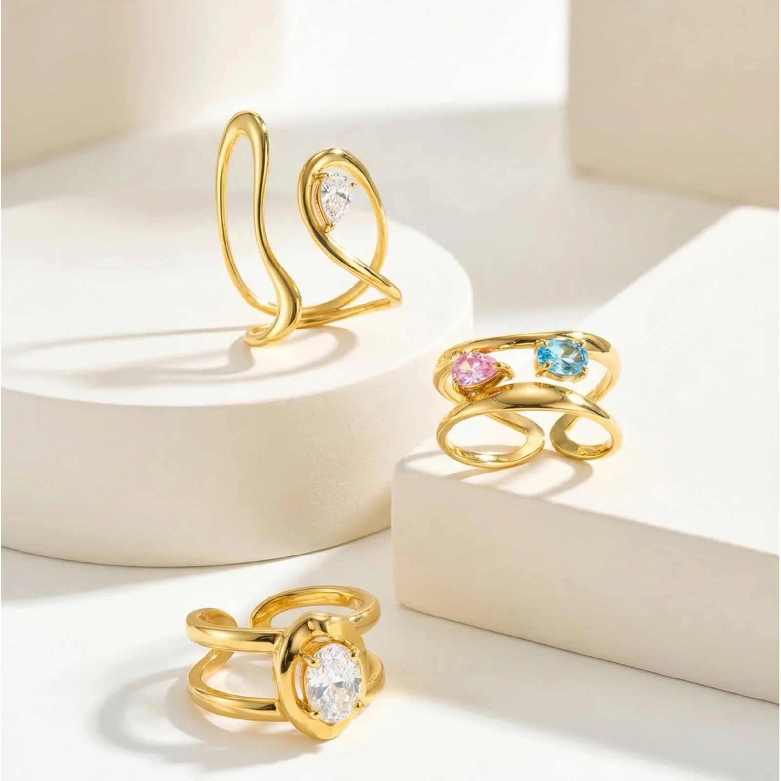 

Vnox Gold Plated Teardrop Oval Pink Blue Zircon Double-Layered Opening Ring for Women Shining Crystals Party Finger Ring Jewelry
