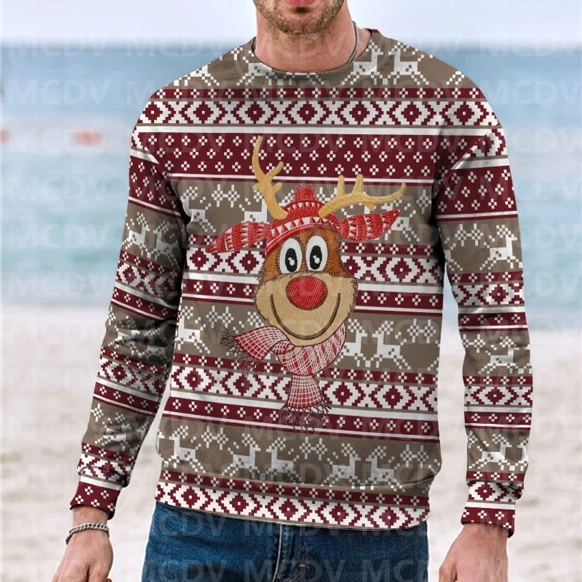 

Christmas Sweater Elk and Santa Claus Printed Casual Knit Sweatshirt Men's For Women's Pullover