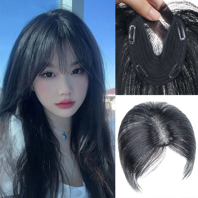 Natural Hair Topper with Bangs Remy Human Hair Toppers for Women Clip in Hair Bangs Hair Toppers with Swiss Lace Base