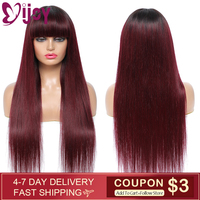 Straight Human Hair Wigs With Bangs For Black Women Ombre 99J/Burgundy Full Machine Made Wig Brazilian Remy Hair Wig IJOY