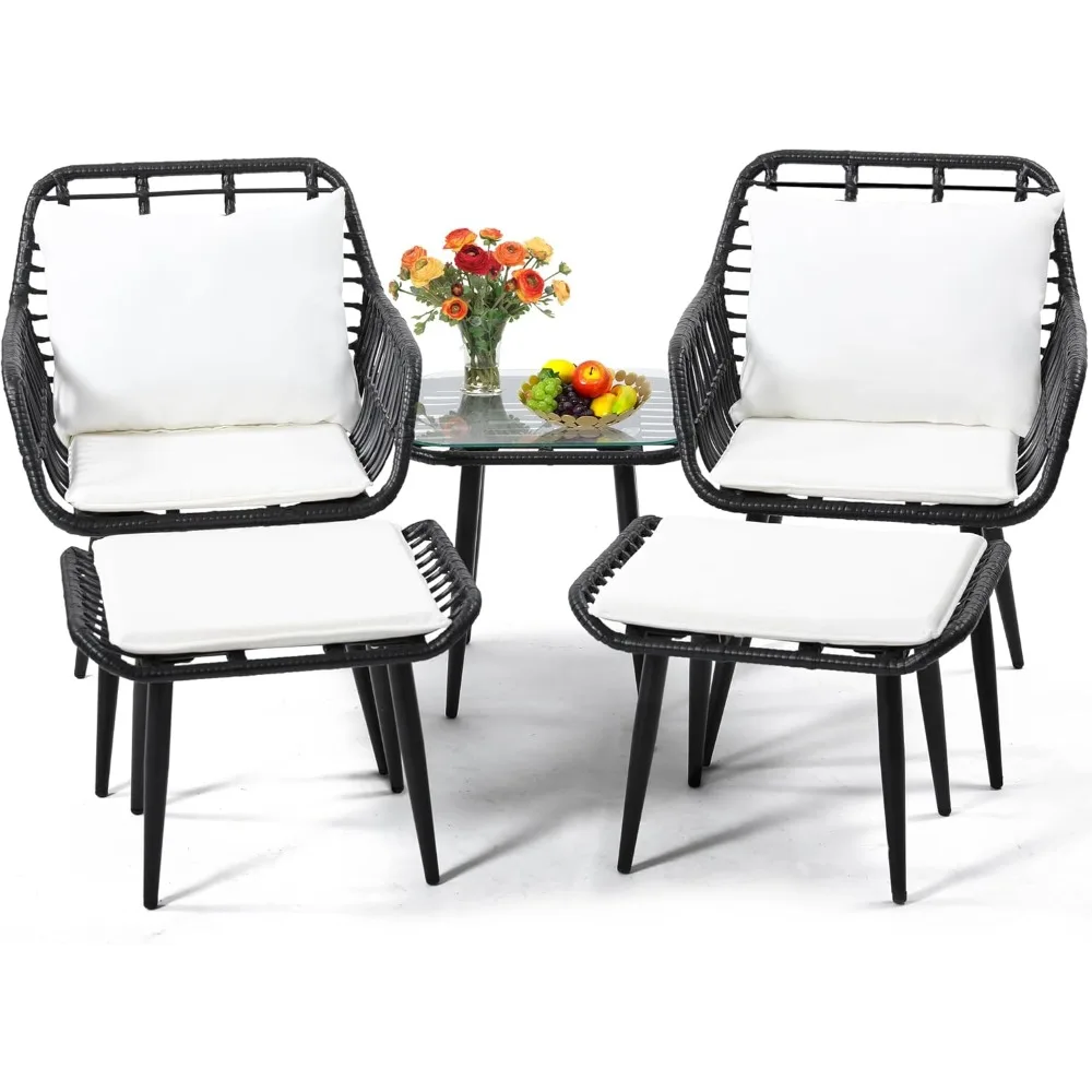 Outdoor Wicker Chairs and Table Bistro Conversation Furniture Set, 5 Pieces with Ottoman for Porch, Balcony, Deck, Patio