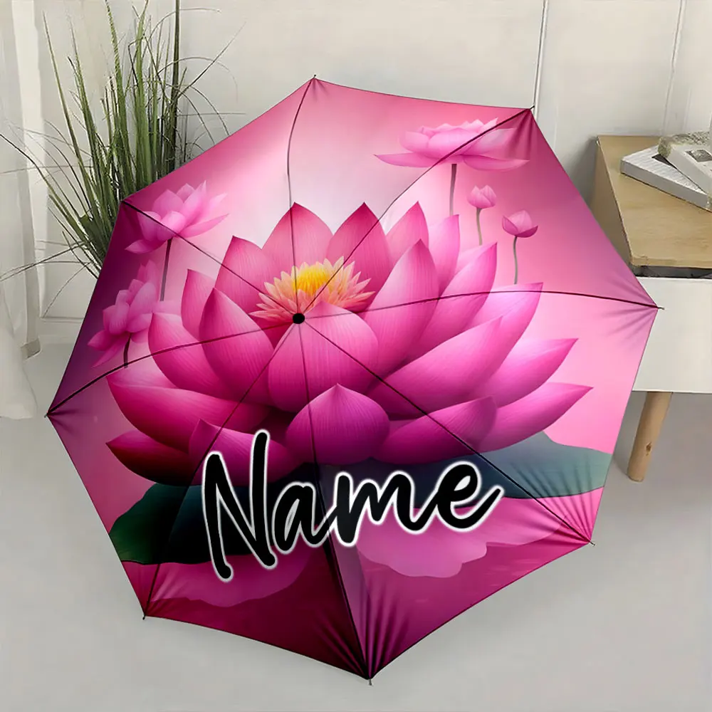 Custom Name Elegant Pink Lotus Umbrella Design 8 Iron Ribs Folding Umbrella Auto-Open Fashionable Sunshade Deluxe Gift