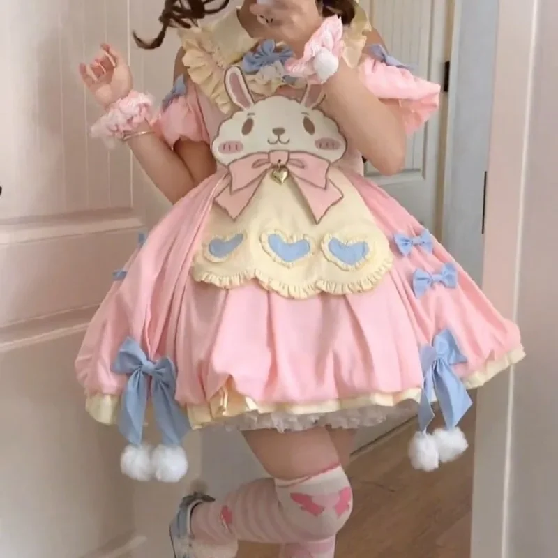 

Kawaii Sweet Tail Ruffle Edge Splicing Drawn Sleeveless Mid Length Lo Skirt Rabbit Love Flower Dresses Y2K JK Lolita 2025 New