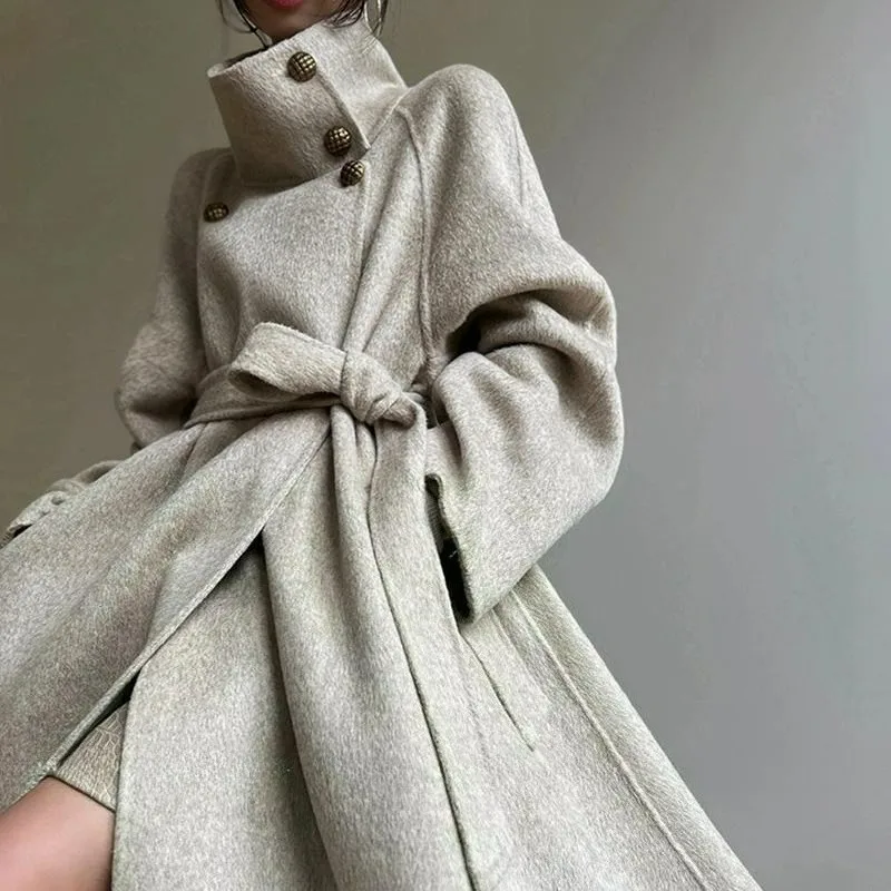 

Модное длинное двустороннее пальто High Street Blue Island Bay из шерсти ручной работы, новый зимний высокий плащ на шнуровке, женская куртка-маятник