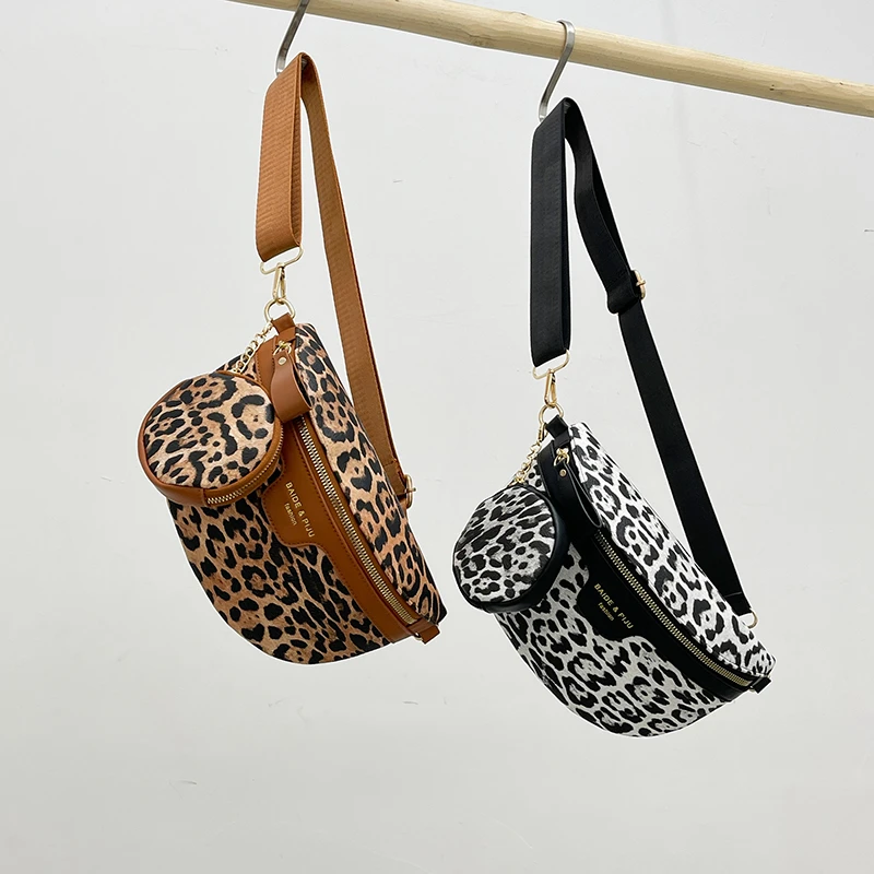 Bolsa tiracolo com estampa leopardo PU para mulheres, versátil bolsa de ombro de alta qualidade, casual, zíper, unissex, peito