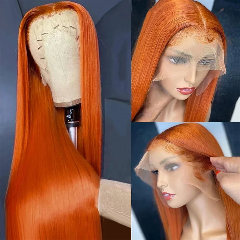 180% 30 38 Inch Ginger Orange Bone Straight 13x6 Lace Front Human Hair Wig 13x4 HD Transparent Lace Frontal Wigs for Black Women