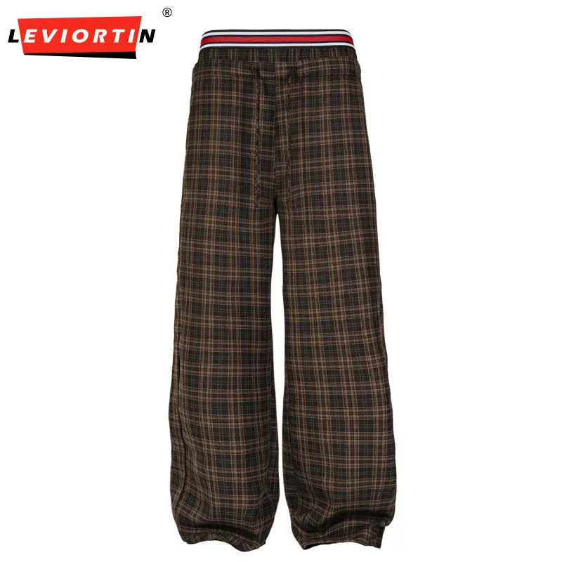 Spring and Autumn New Wide Leg Style Retro Floor Pants Design Sense Double Waist Retro Checkered Casual Pants for Men and Women