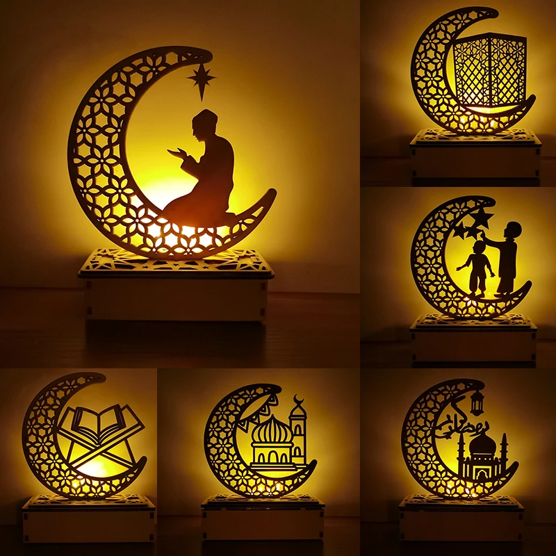 

EID Mubarak Wooden LED Light Table Ornament Ramadan Kareem Decoration For Home 2024 Night Lights Islamic Muslim Party Decoration