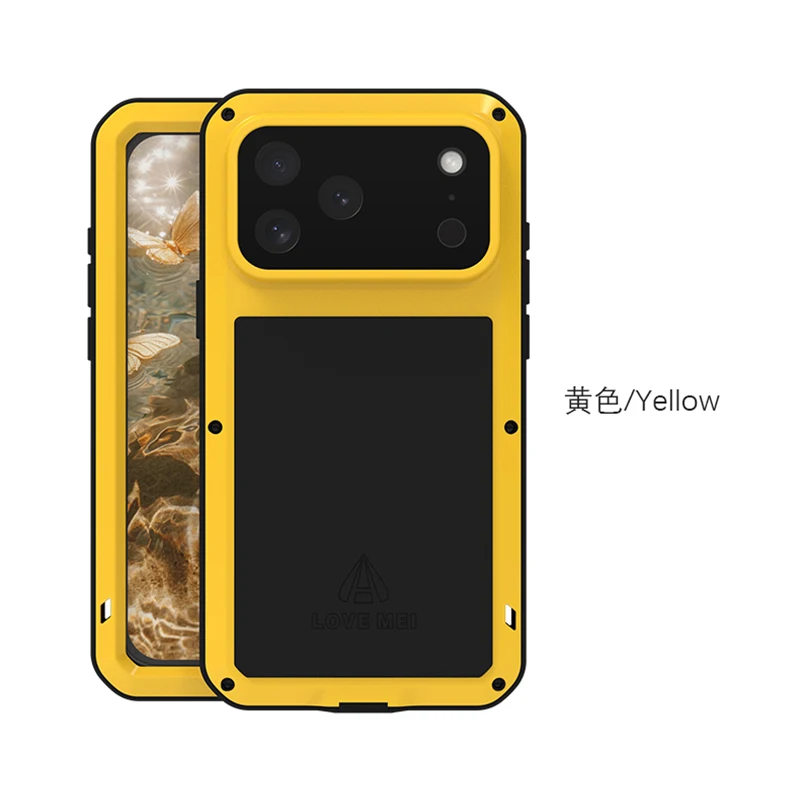 Original love mei poderosa armadura de metal choque à prova de sujeira capa resistente à água para iphone 17 16 15 14 13 12 11 pro max plus caso