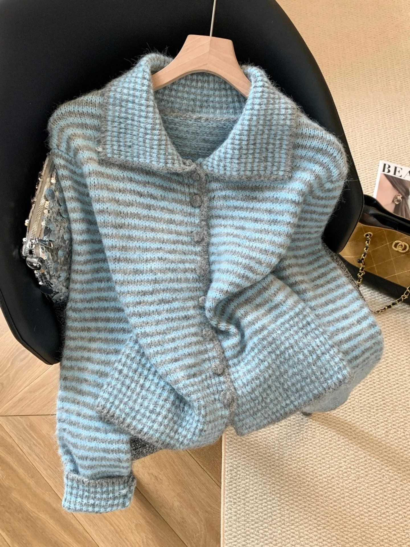 

Soft Thi High Collar Striped Sweater Coat Women Winter Casual High Waist Button Loose Fit Long Sve Knitted Cardigan