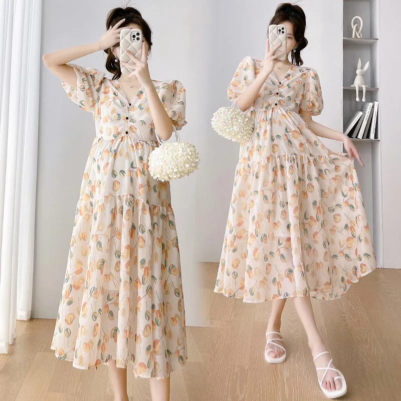 Maternity Dress Summer Printed Sweet Bubble Short Sleeves High Waist A Line Clothes for Pregnant Women Pregnancy Dressess