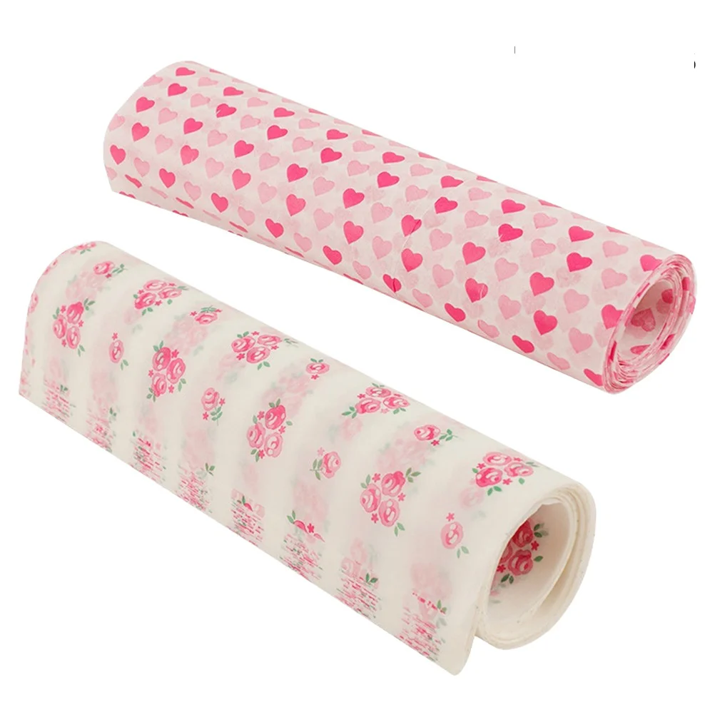 100pcs/2 Boxes Baking Wax Paper Oil Proof Food Wrap Paper Food Packing Paper for Home Kitchen Restaurant (Rose/Heart Pattern,