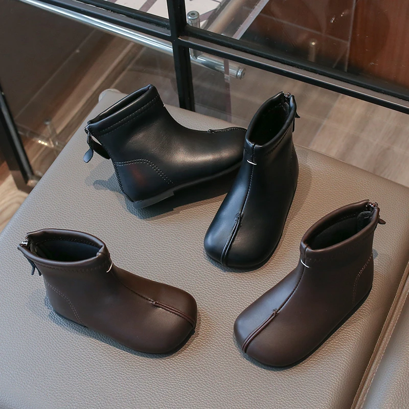Girls Round Toe Ankle Boots Back Zipper Simple Solid‑Color Short Booties Toddler Autumn Winter Casual Dress Shoes