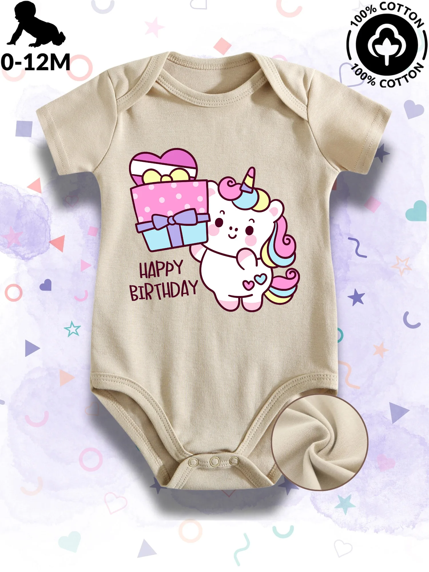 

Birthday Party Unicorn Unisex Baby Bodysuit, 100% Cotton Soft Onesie, All-Season Wear Beige Crawling Suit 190GSM