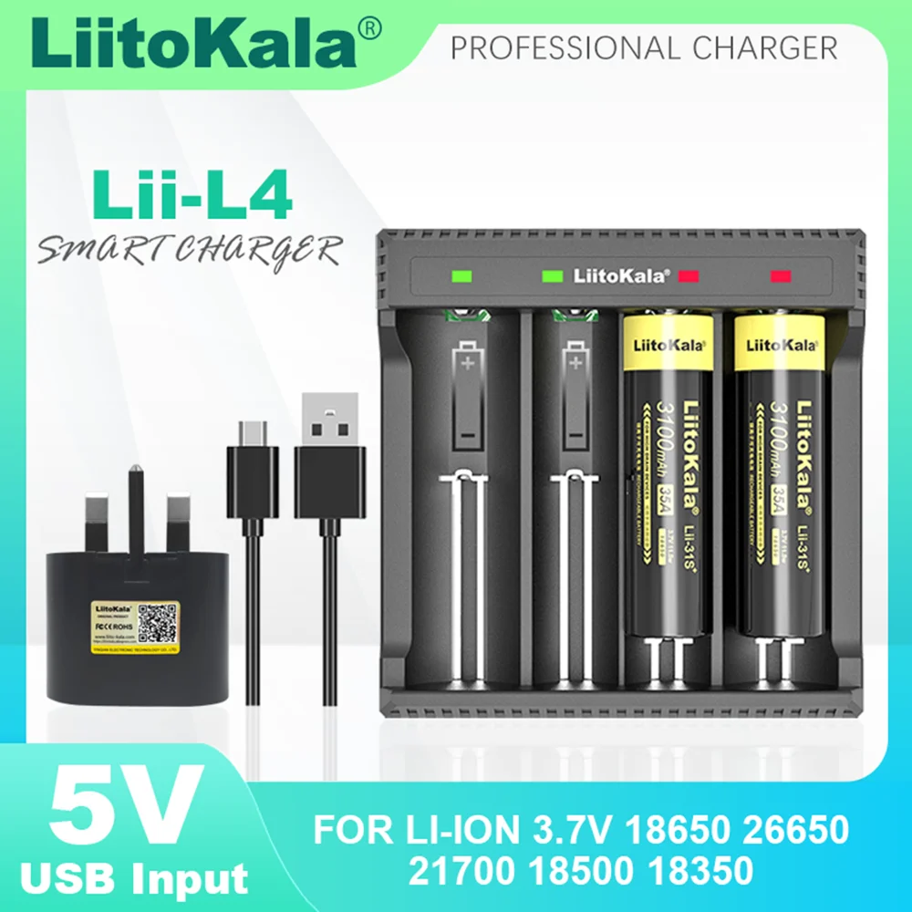 LiitoKala Lii-L4 3.7V 18650 Rechargeable Lithium Battery Charger For 18500 18650 26650 21700 Batteries US EU UK Plug