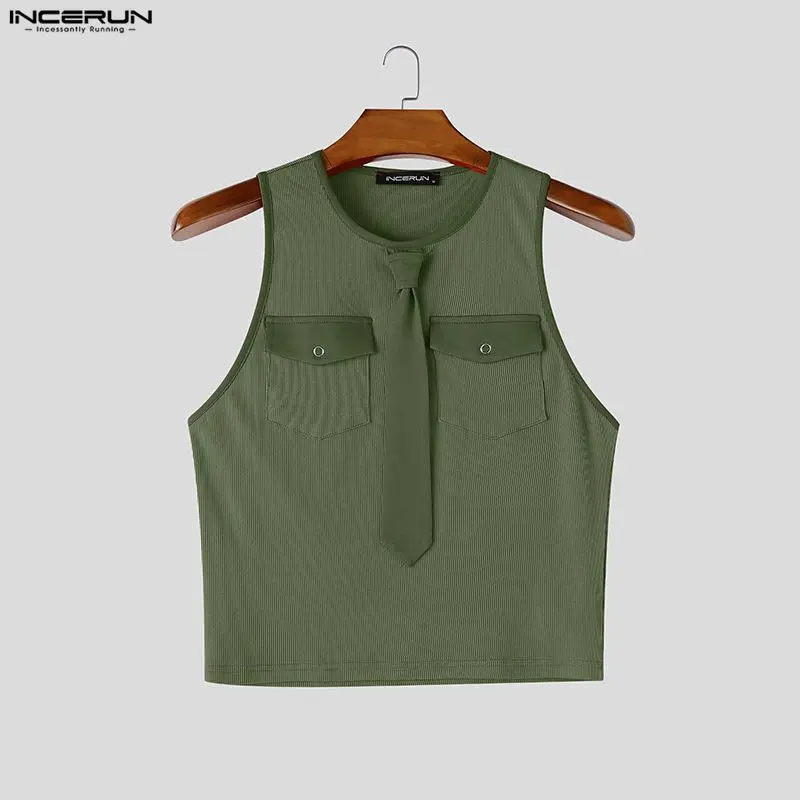 INCERUN Herren Tanktops O-Ausschnitt Ärmellos Sommer Streetwear Herrenbekleidung Mit Krawatte Mode Unisex Crop Tops Patchwork Herrenwesten