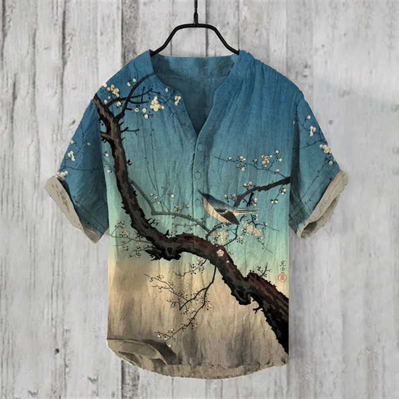 Summer Men's Small V-Neck Japanese art waves Print Shirt men's casual shirts Stylish and comfortable top