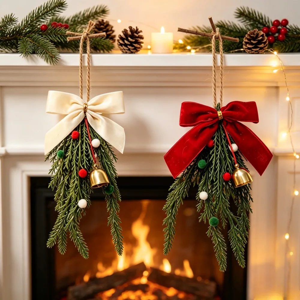 Christmas Pine Needle Hanging Ornament Bow Bell Pendant for Xmas Door Wall Home DIY Craft Decor Wind Chimes Hanging Decorations