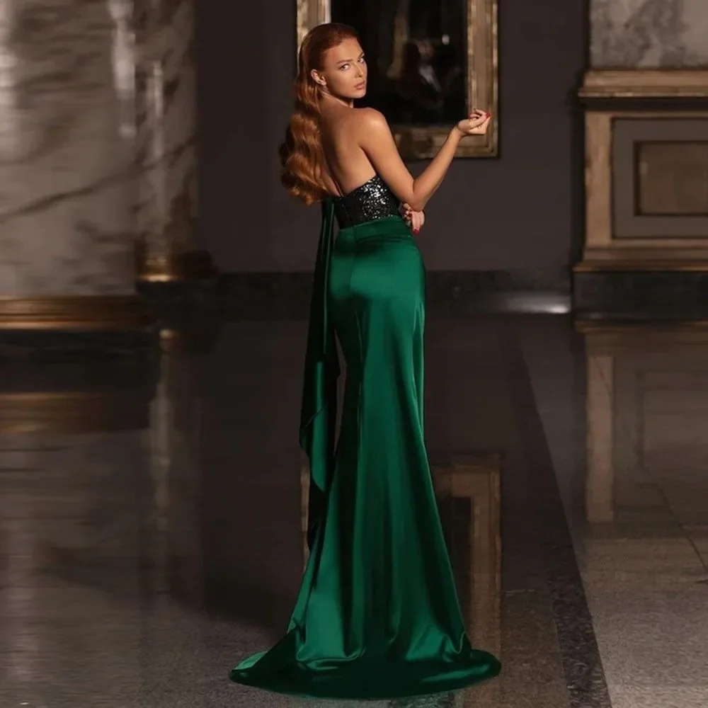 Sexy preto lantejoulas cetim noite vestidos formais um ombro verde esmeralda lado split baile de formatura pageant vestidos de festa robe de soiree