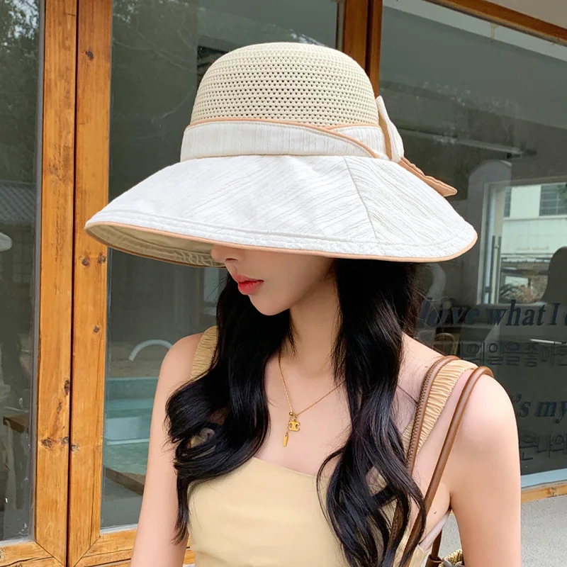 Korean version of the new style women's fashion knitted mesh color glue sunscreen sun hat in summer with bowtie folding sun hat