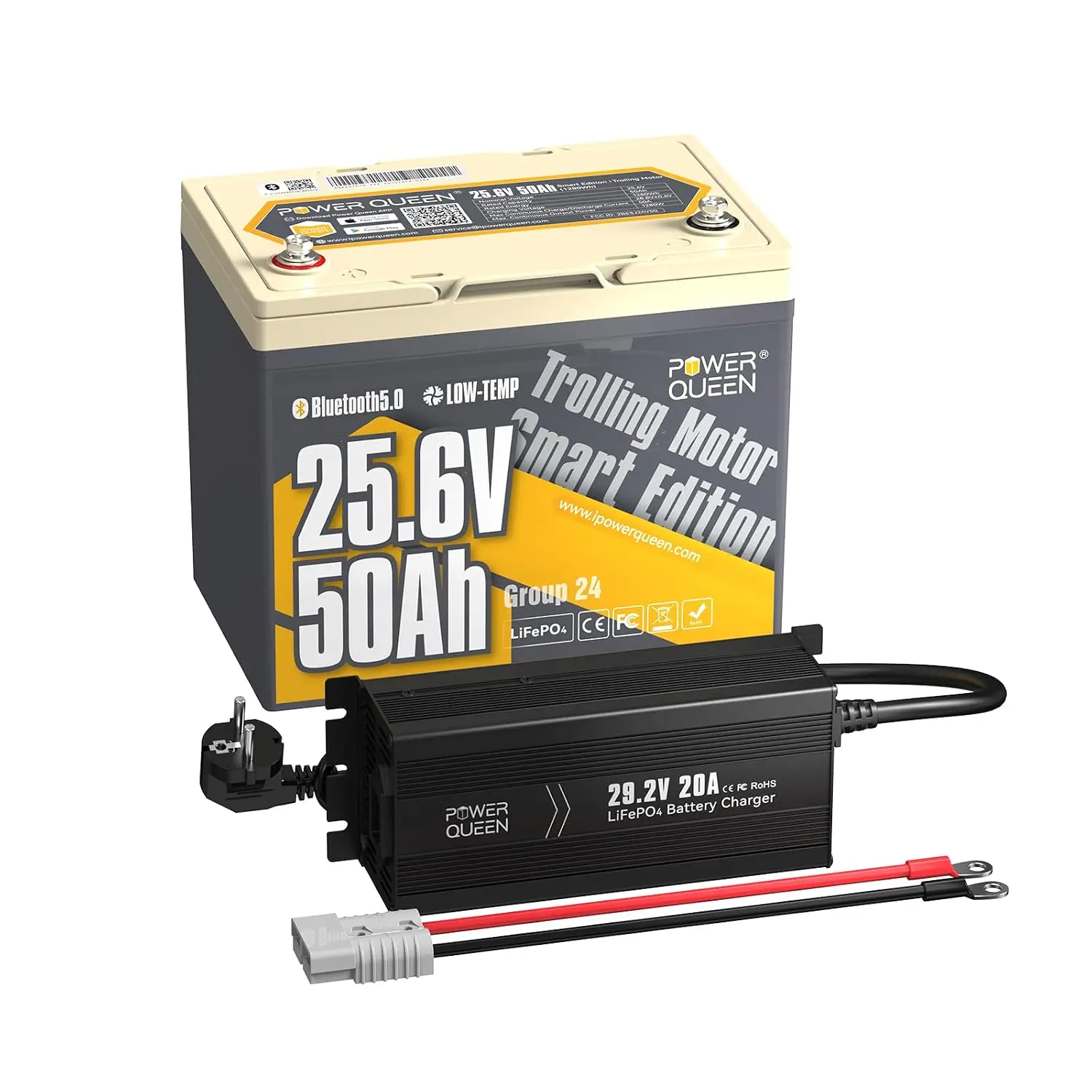 24V 50Ah Trolling Motor LiFePO4 Battery with 24V 20A Charger, Bluetooth 5.0 & Low-Temp Protection, Deep Cycle Group Custom