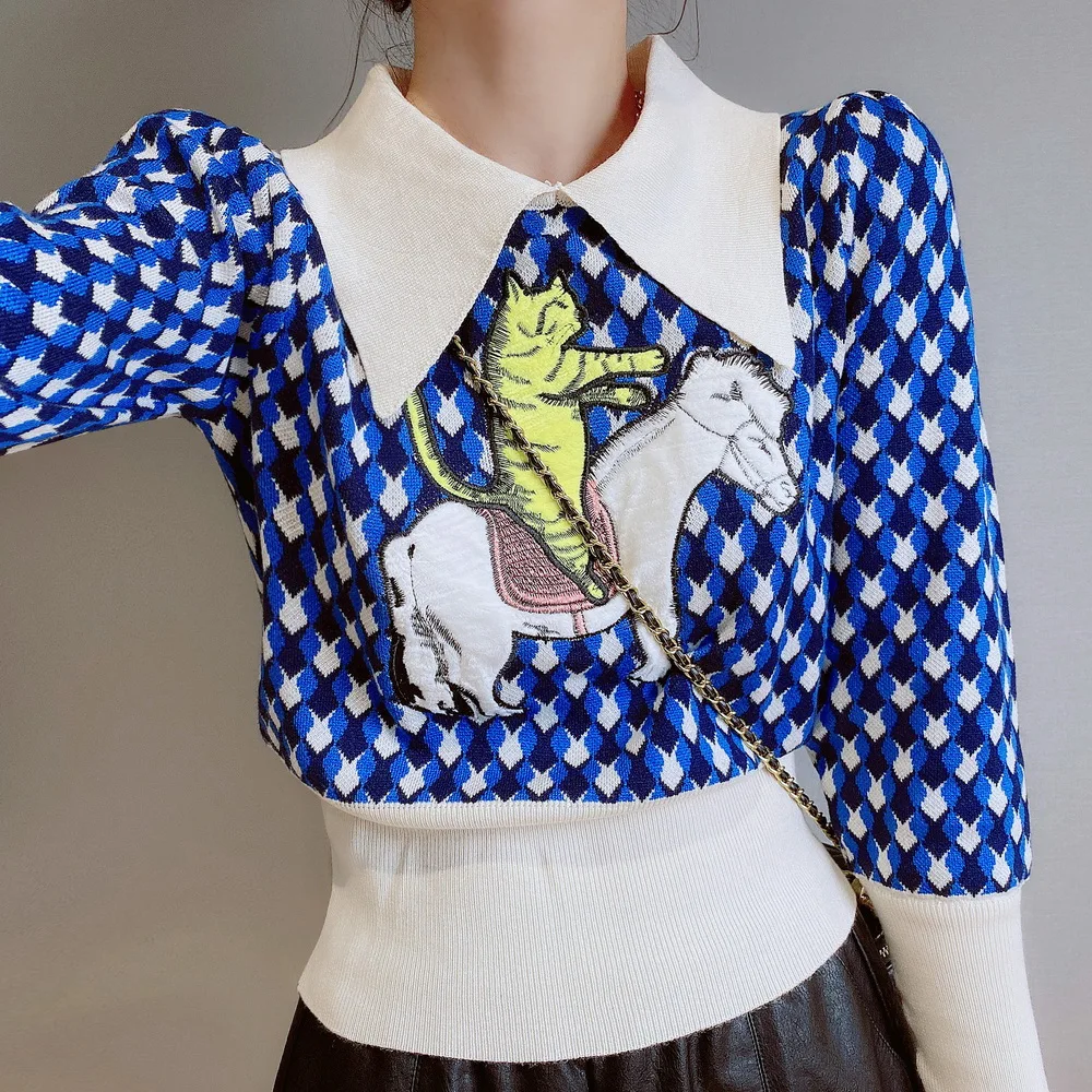 Vintage Argyle Pullovers Sweater Women Clothing Turn-Down Collar Plaid Cute Cartoon Embroidered Korean Fashion Knitted Traf Tops