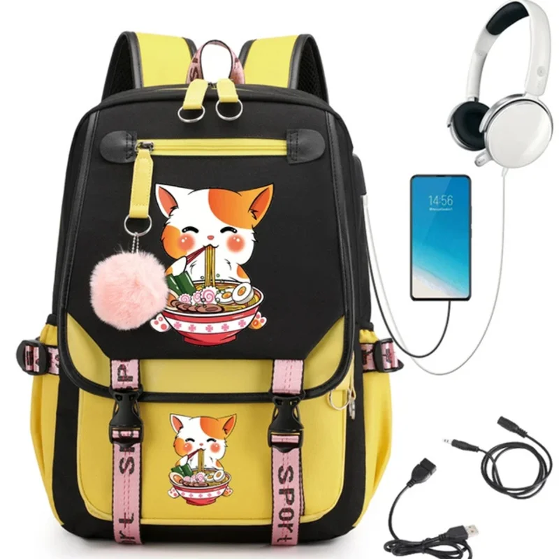 Gato comendo Ramen Anime Mochila de Nylon, Mochila Adolescente, Mochila Feminina, Bolsa de Ombro, Mochila Escolar, Preto, Moda, Menina