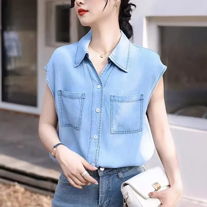 

2024 Spring And Autumn Summer Denim Tank Top Sleeveless Shirt For Women Korean Fashion Causal Vest Jeans Blouse K019