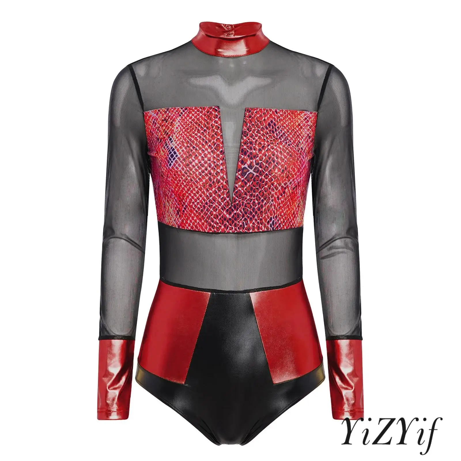 المرأة مشع لامع حزب بذلة جلد الثعبان نمط طباعة بقماش شفاف يوتار الهذيان ديسكو الرقص ارتداءها كرنفال Comtume