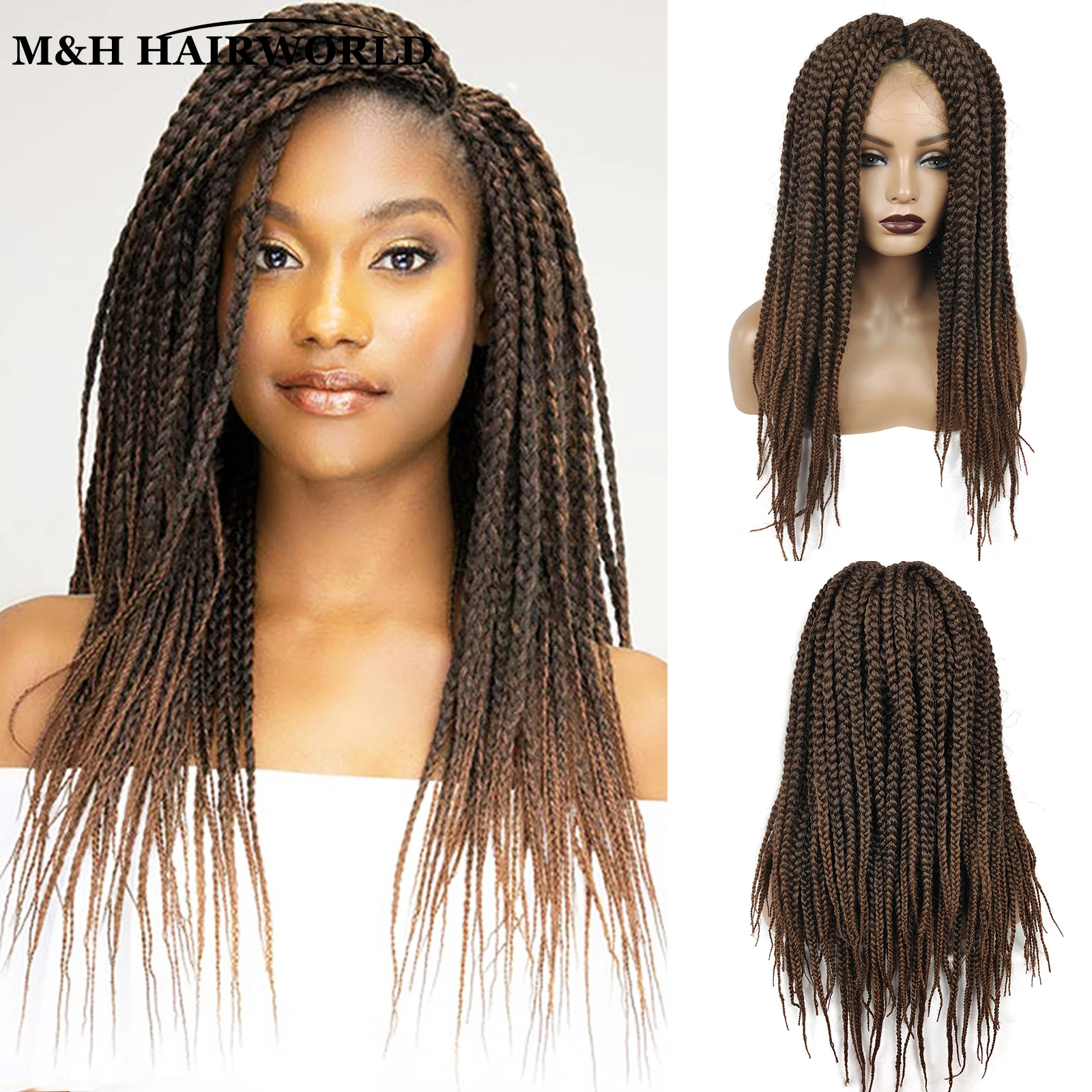 Ombre Chocolate Brown Colored Synthetic Hair Lace Front Braided Wigs For Black Women Long Box Braid 13x3x1 Lace Frontal Wigs