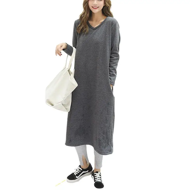 

New Autumn Winter Women Cotton Warm Dress V-Neck Loose Slim Long Dresses Full Sleeve Solid Simple Bottom Dress Retro Vestidos