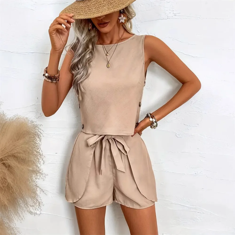 

Nighpha Summer WomenTwo Piece Set Sleeveless Tank Tops Lace Up Waist Shorts 2 Piece Sets Female Outfits Casual Shorts Suit