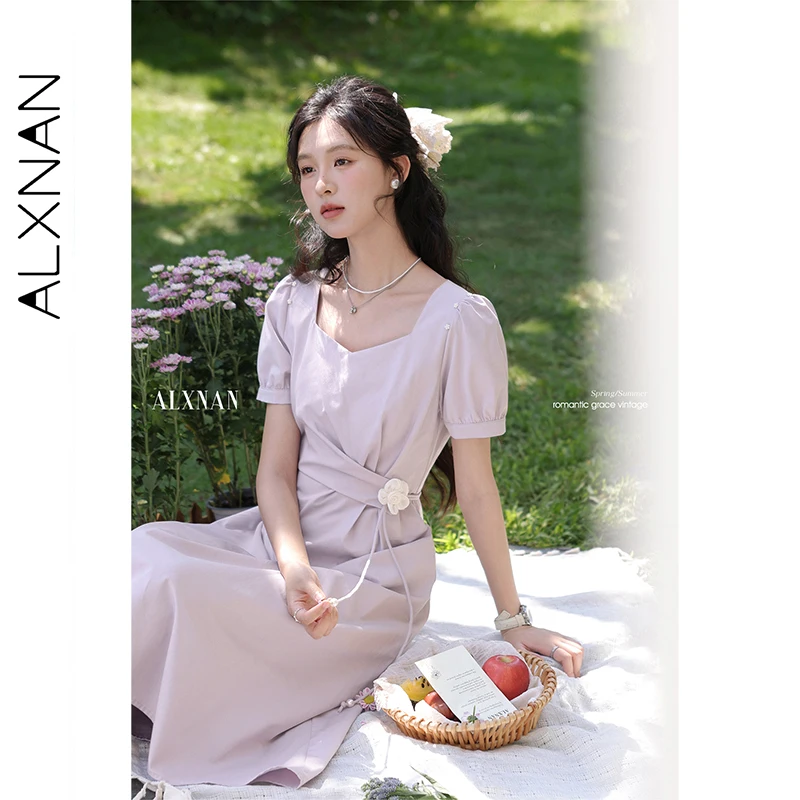 ALXNAN プラスサイズのドレスパープルエレガントなスクエアネックロングパフスリーブホリデー女性のドレスカジュアルパーティーレディース服 D11199