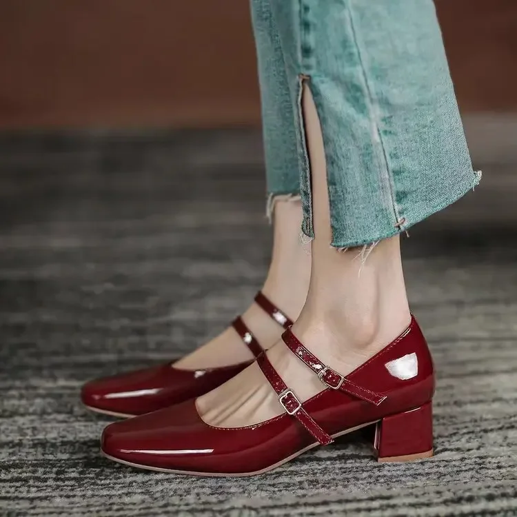 Women's Burgundy Patent Leather Mary Jane Pumps - Vintage-Inspired Double Gold Buckle Low Block Heel Dress Shoes 2026