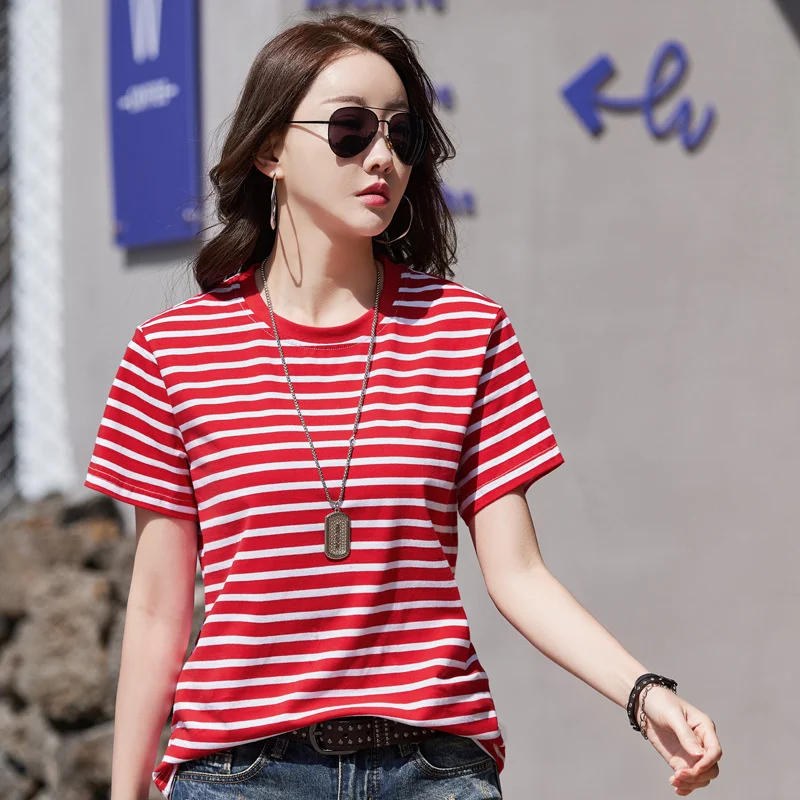 #0218 Striped T Shirt Womne Short Sleeve Cotton O-neck Office T-shirt Female Slim Korean Style Womens Short Tshirt Summer 2023