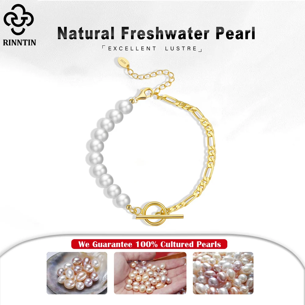 Rinntin Diamond Cut Figaro Link Chain Pearl Bracelet 14K Gold Sterling Silver OT Toggle Clasp Baroque Pearl Jewelry GPB06