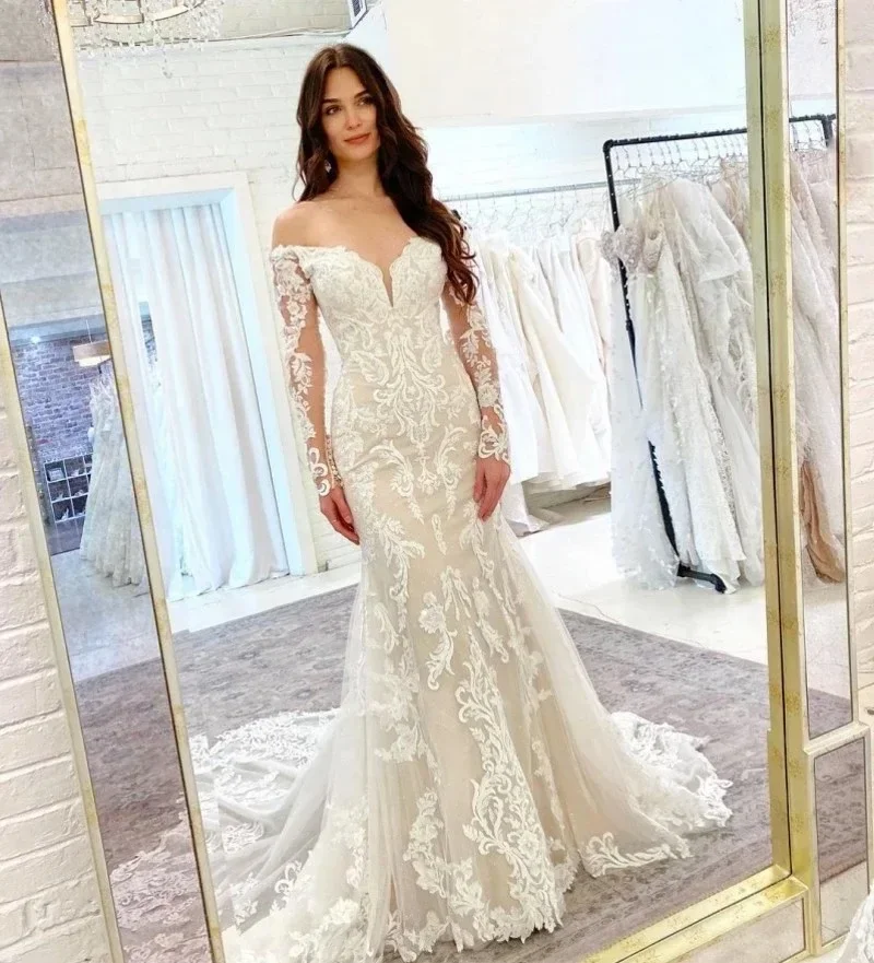 

Elegant Lace Mermaid Wedding Dresses Applique V NeckBridal Gowns 2025 Long Sleeves robe de soirée de mariage Customized