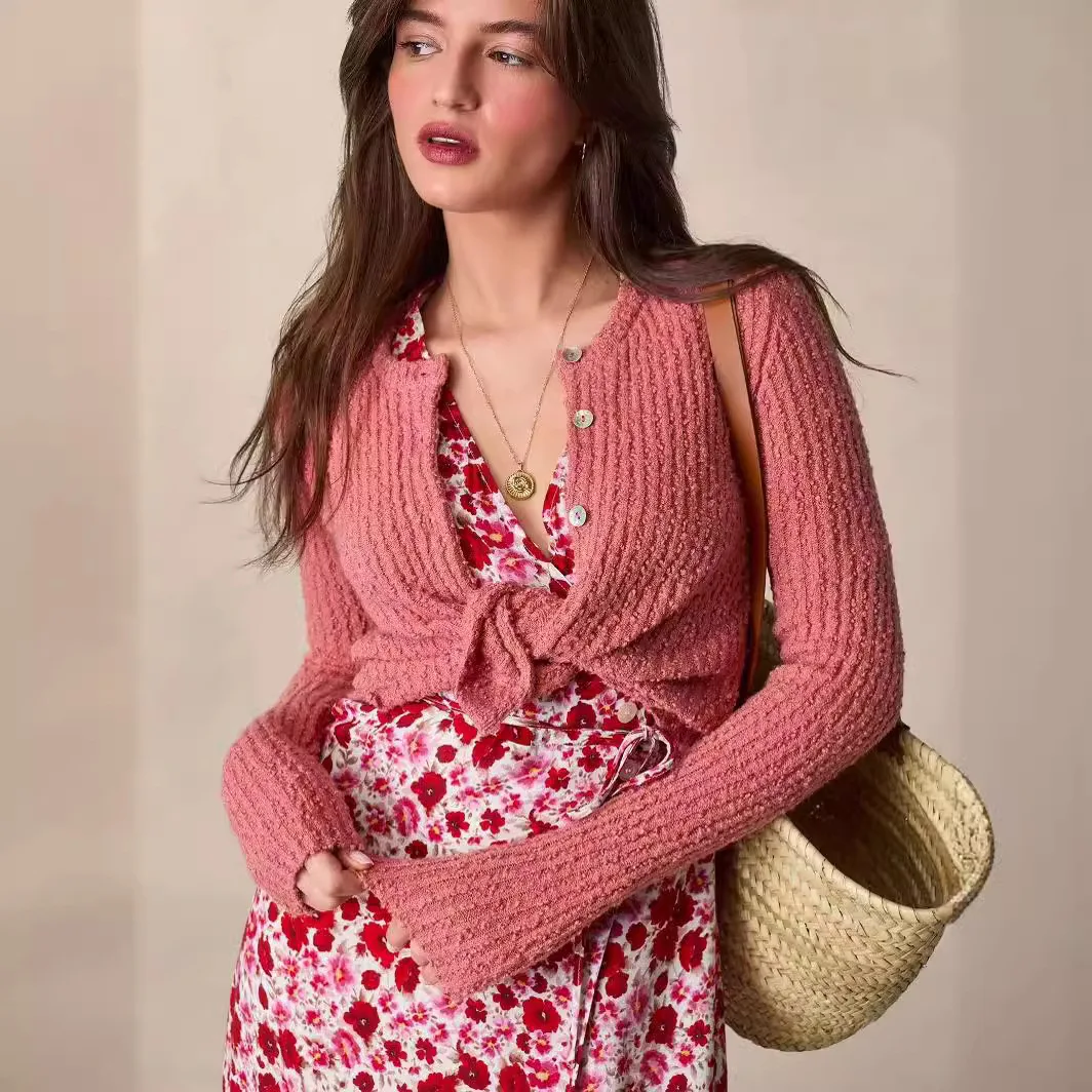 

Sweet Sle Pink Knitted Slim Fit Cardigan Top Buttoned Polyester Fiber Long Sve ort Length Pure Color Spring 2023