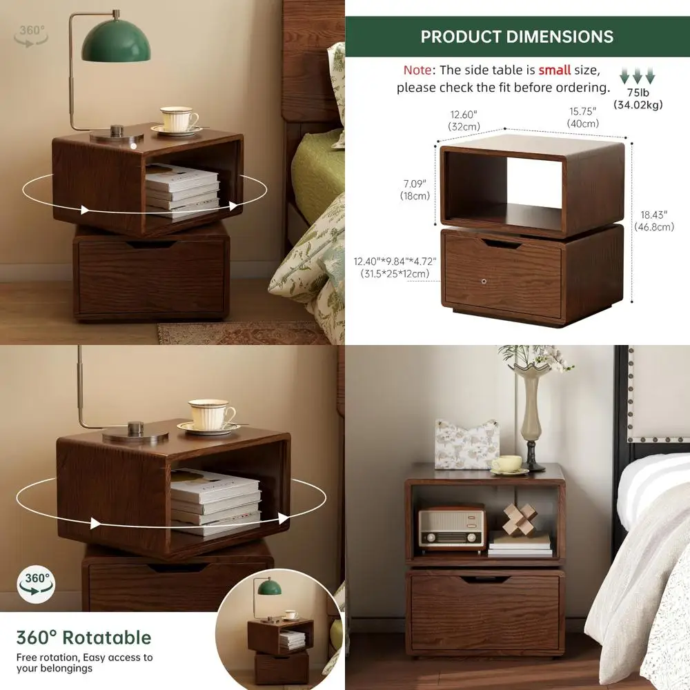 

Современная дубовая тумбочка середины века — вращающийся деревянный столик для небольших помещений с выдвижным ящиком