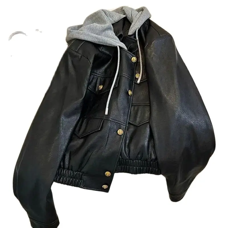 Spring Autumn Fake Two Pieces Hooded Leather Jacket Women 2024 New Fashion Temperament Coat Pure Colour Black Outerwear Female