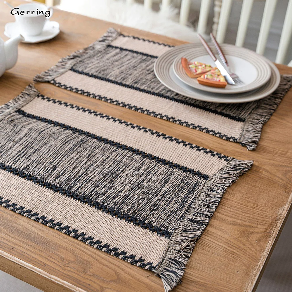 Gerring Linen Table Runner Cotton Stitching Braided Tassel Table Flag Country Boho Christmas Table Runner For Dining Table