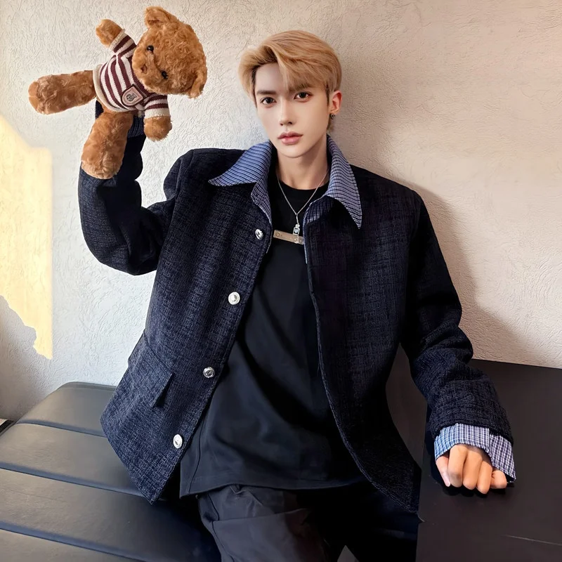 

Мужской костюм-жакет Eleoulder с подкладкой, в корейском стиле, имитация двухслойной одежды, роскошная верхняя одежда, шикарный простой дизайн, осенняя повседневная одежда