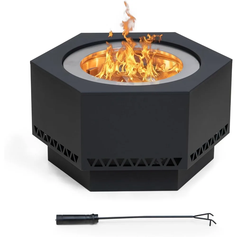 Fire Pit Smokeless 26 in. Hexagonal Outdoor Fire Pit, Patio Wood Burning Smokeless Firepit w/PVC Cover and Fire Poker,