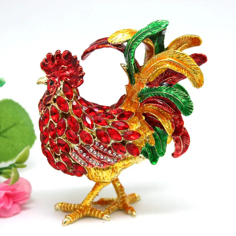 SHINNYGIFTS New Year Gifts Metal Enamel Rooster and Hens Trinket Box Home Decorative Gift Box