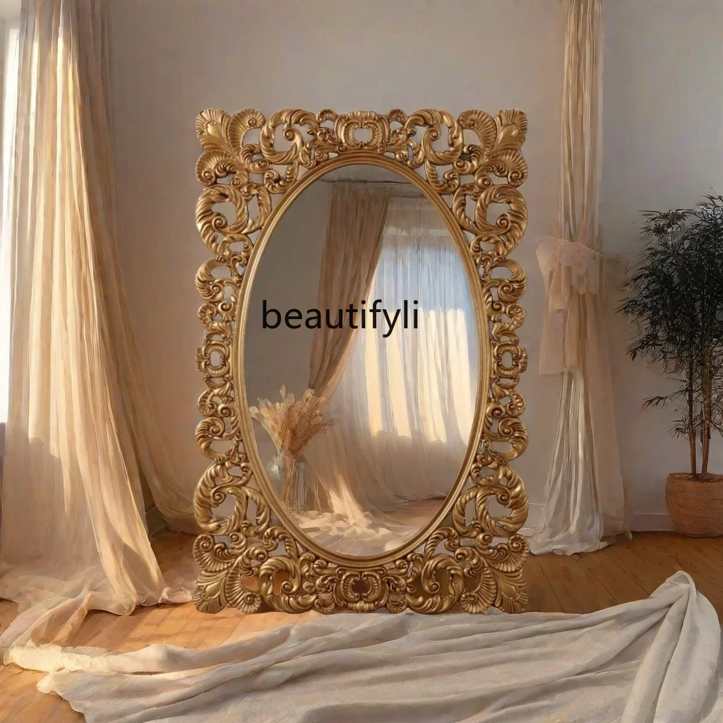 NQ French luxury full-length mirror American retro carved floor-to-ceiling villa wall-mounted full-length mirror