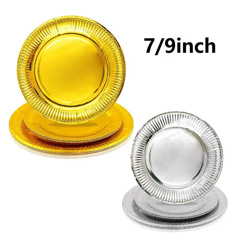 Disposable Metallic Foil Paper Plates Shiny Gold Silver Finish Sturdy Build For Weddings Birthday Parties Festive Gatherings