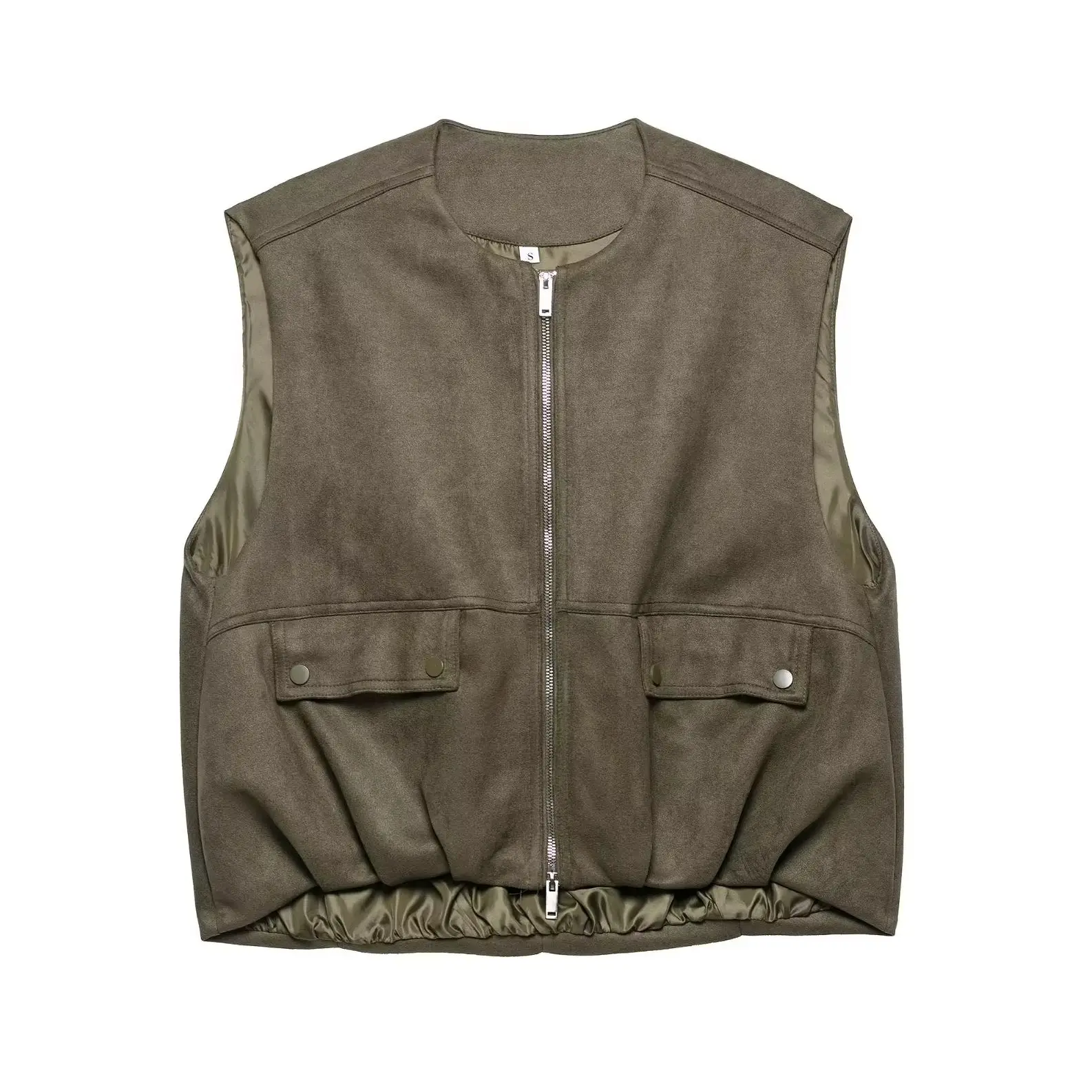 KONDALA 2025 Safari Women Suede Solid Vest Fashion Zipper Pockets Loose Sleeveless Elegant Pleated O Neck Women Casual Vest