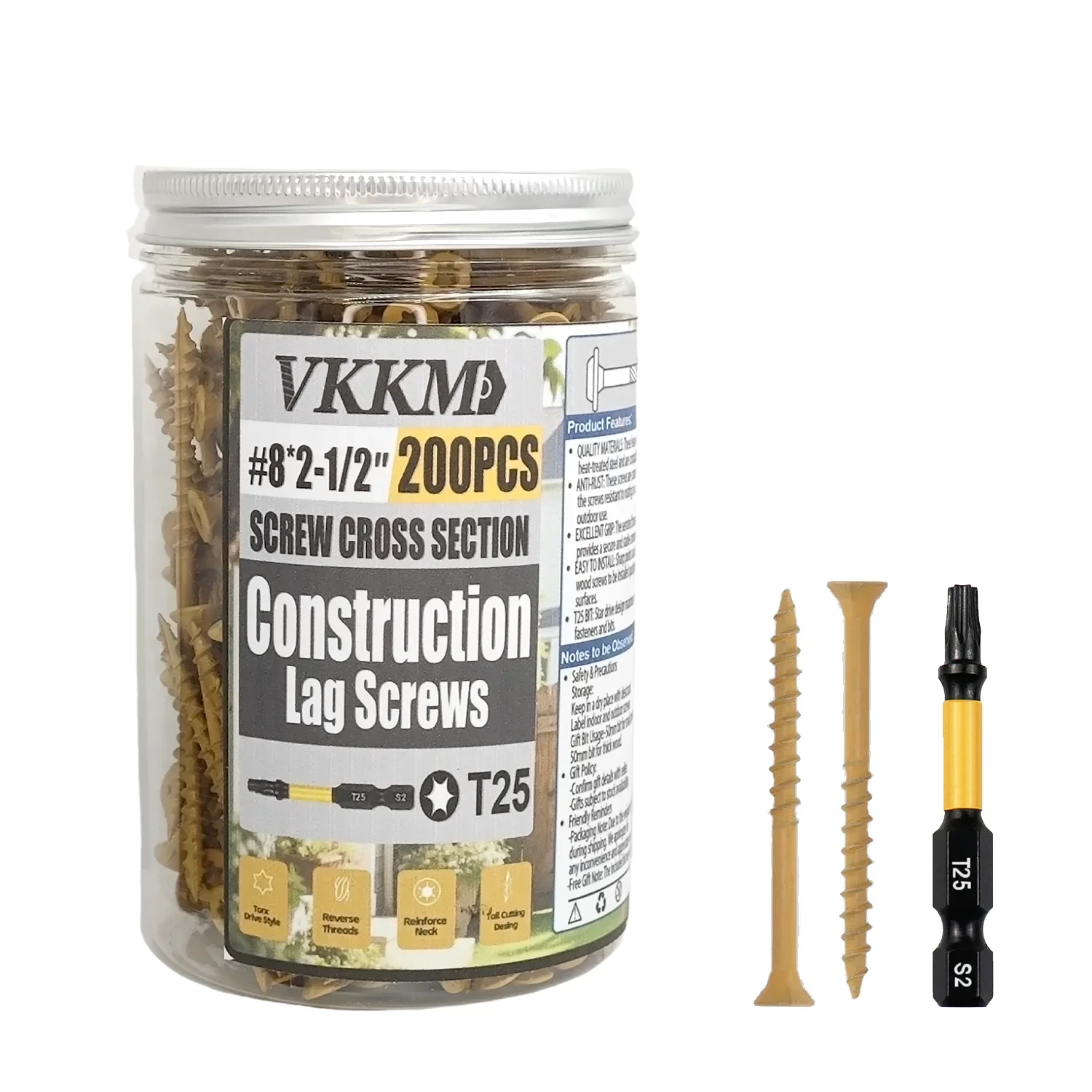 

VKKM 200Pcs #8×2-1/2" Tan Construction Lag Screws – T25 Torx Drive, Rust - Resistant, for Decking & Heavy - Duty Wood Projects