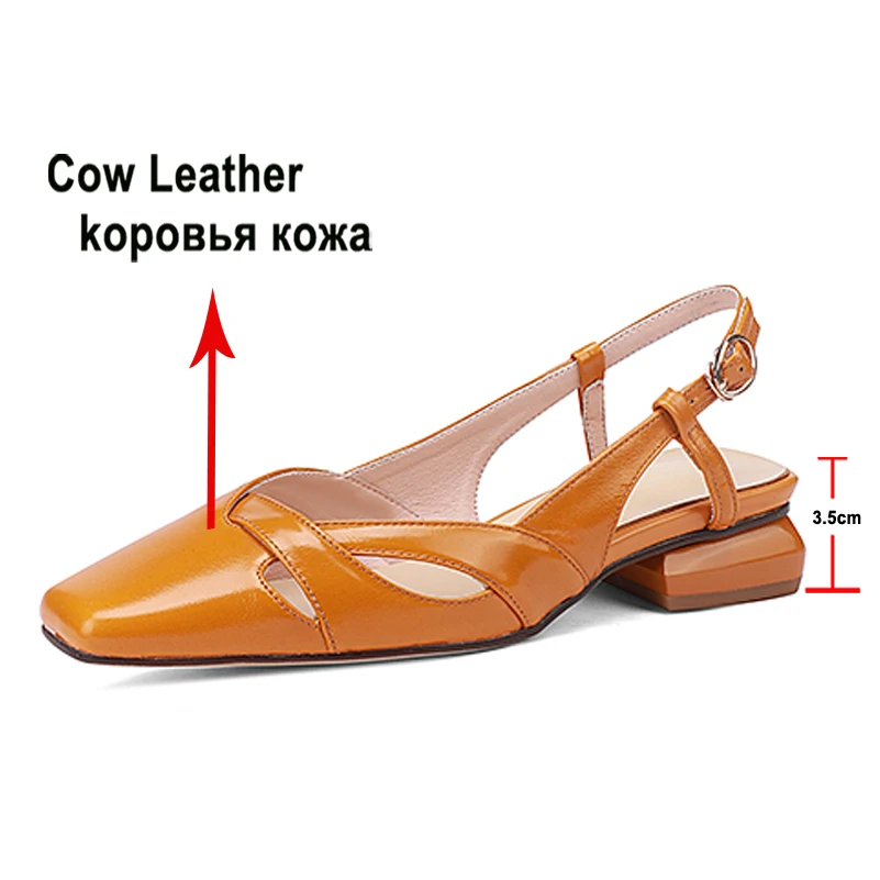 Meotina Women Genuine Leather Slingbacks Pumps Square Toe Thick Mid Heels Buckle Ladies Fashion Shoes Summer Orange Beige 43