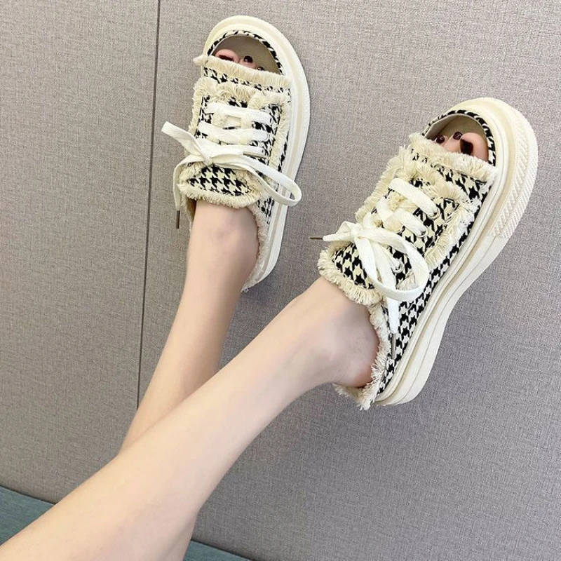 With Strap Plaid Thick Slides Women's Slippers And Ladies Sandals Height Shoes Platform Summer 2024 Open Toe Footwear Luxury G W